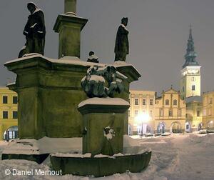 Masarykovo náměstí, kašna, večer, Nový Jičín
